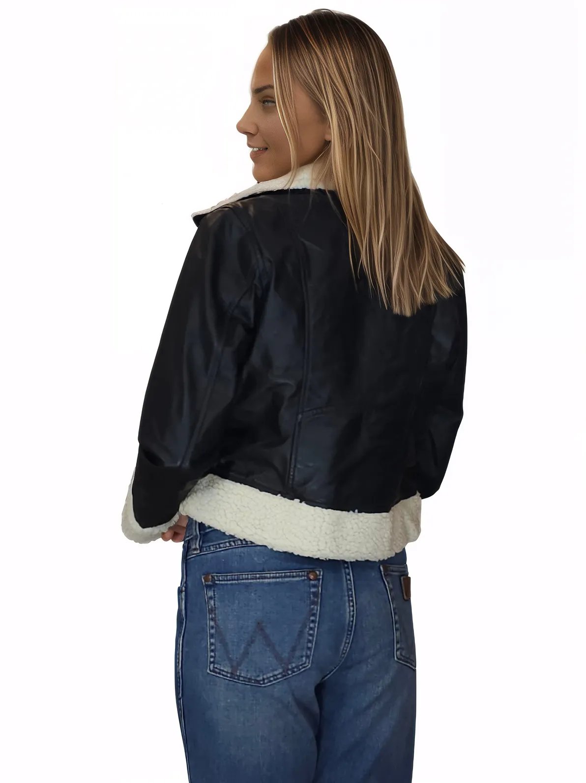 Cropped Leather Jacket with Faux Shearling - Tenku Designs