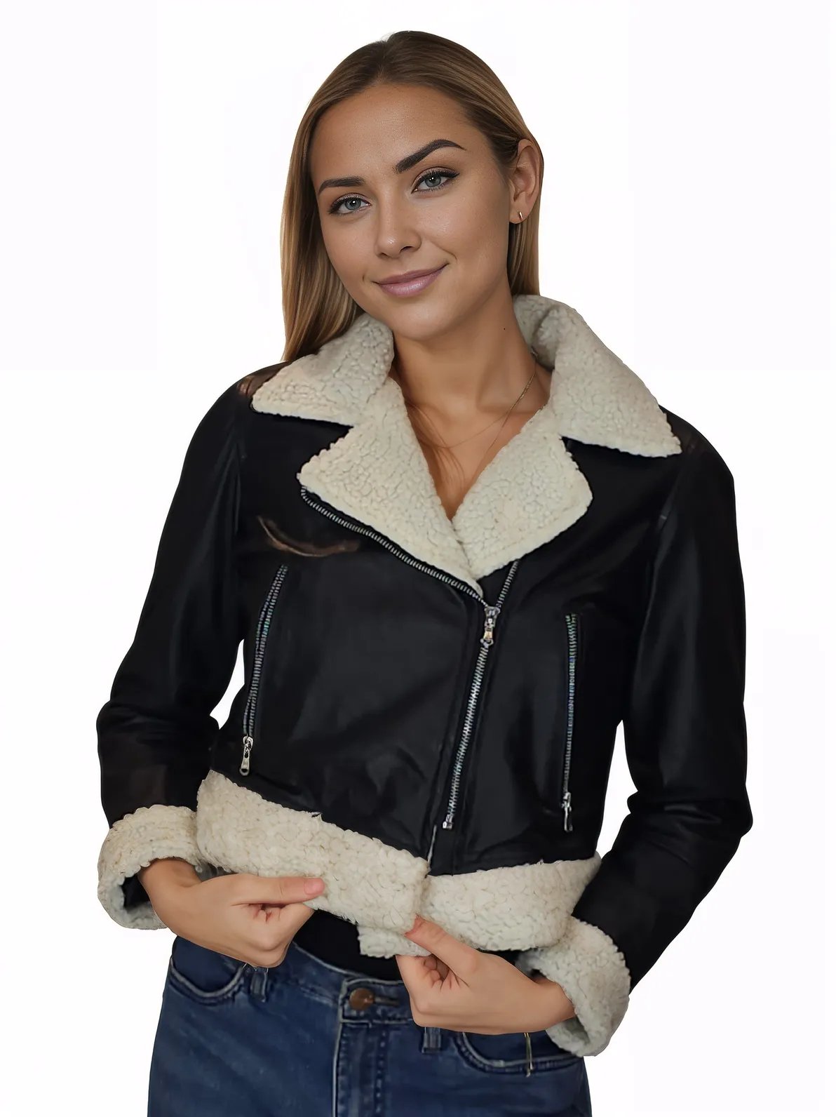 Cropped Leather Jacket with Faux Shearling - Tenku Designs