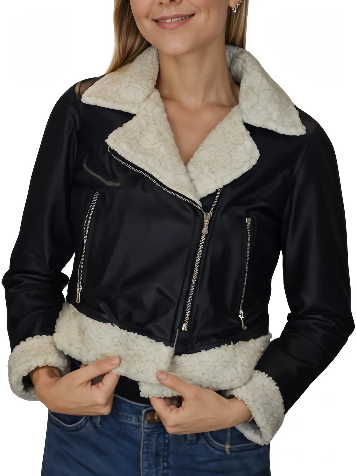 Cropped Leather Jacket with Faux Shearling - Tenku Designs