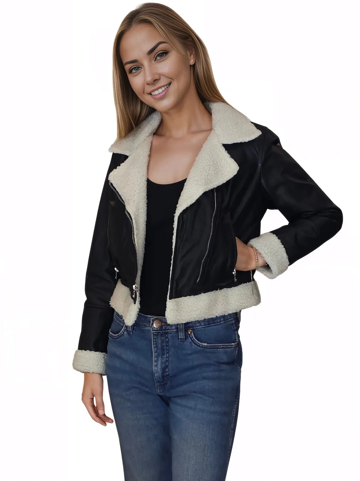 Cropped Leather Jacket with Faux Shearling - Tenku Designs