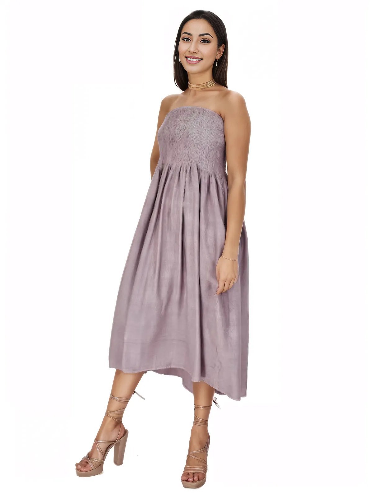 Elegant Strapless Dress with Gathered Bodice & Flowy Mauve - Tenku Designs