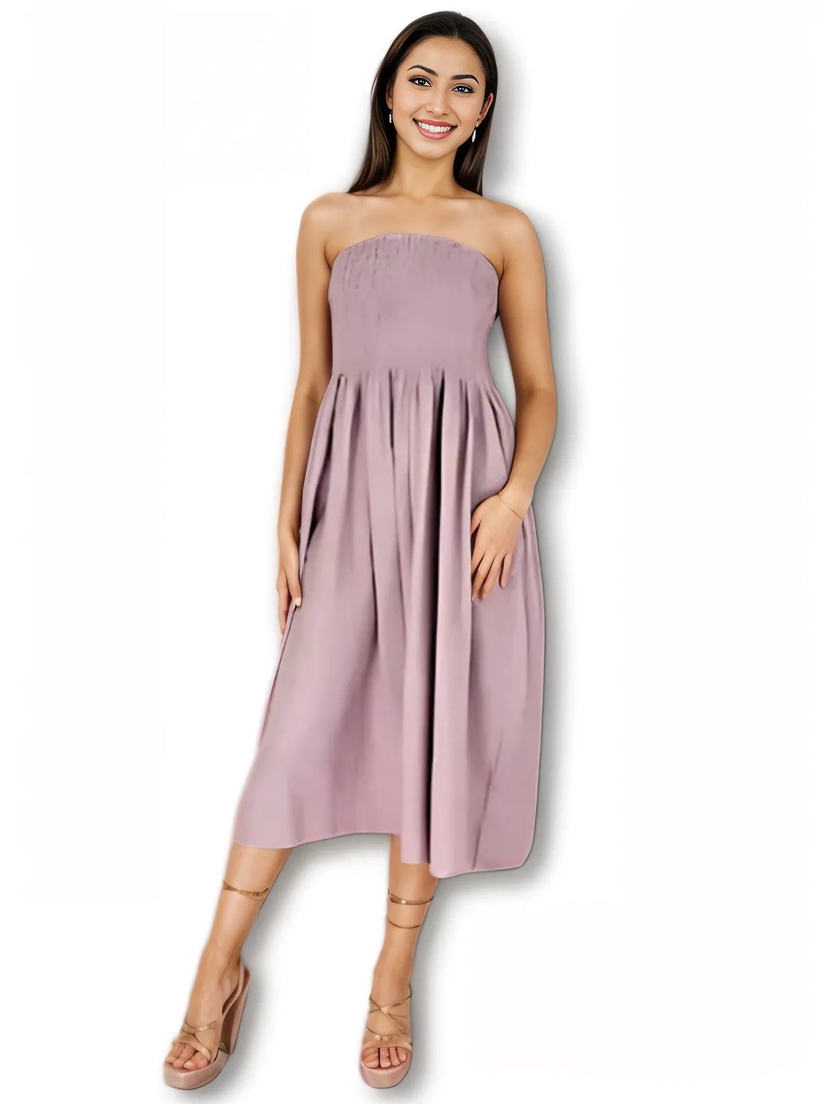 Elegant Strapless Dress with Gathered Bodice & Flowy Mauve - Tenku Designs