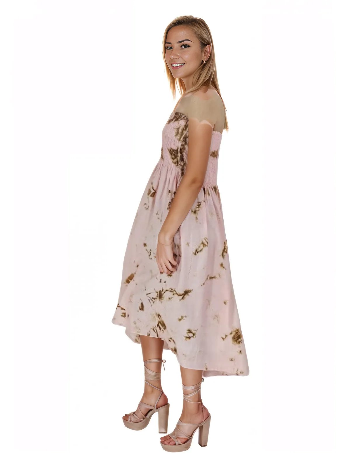 Elegant Strapless Dress with Gathered Bodice & Flowy Pink - Tenku Designs