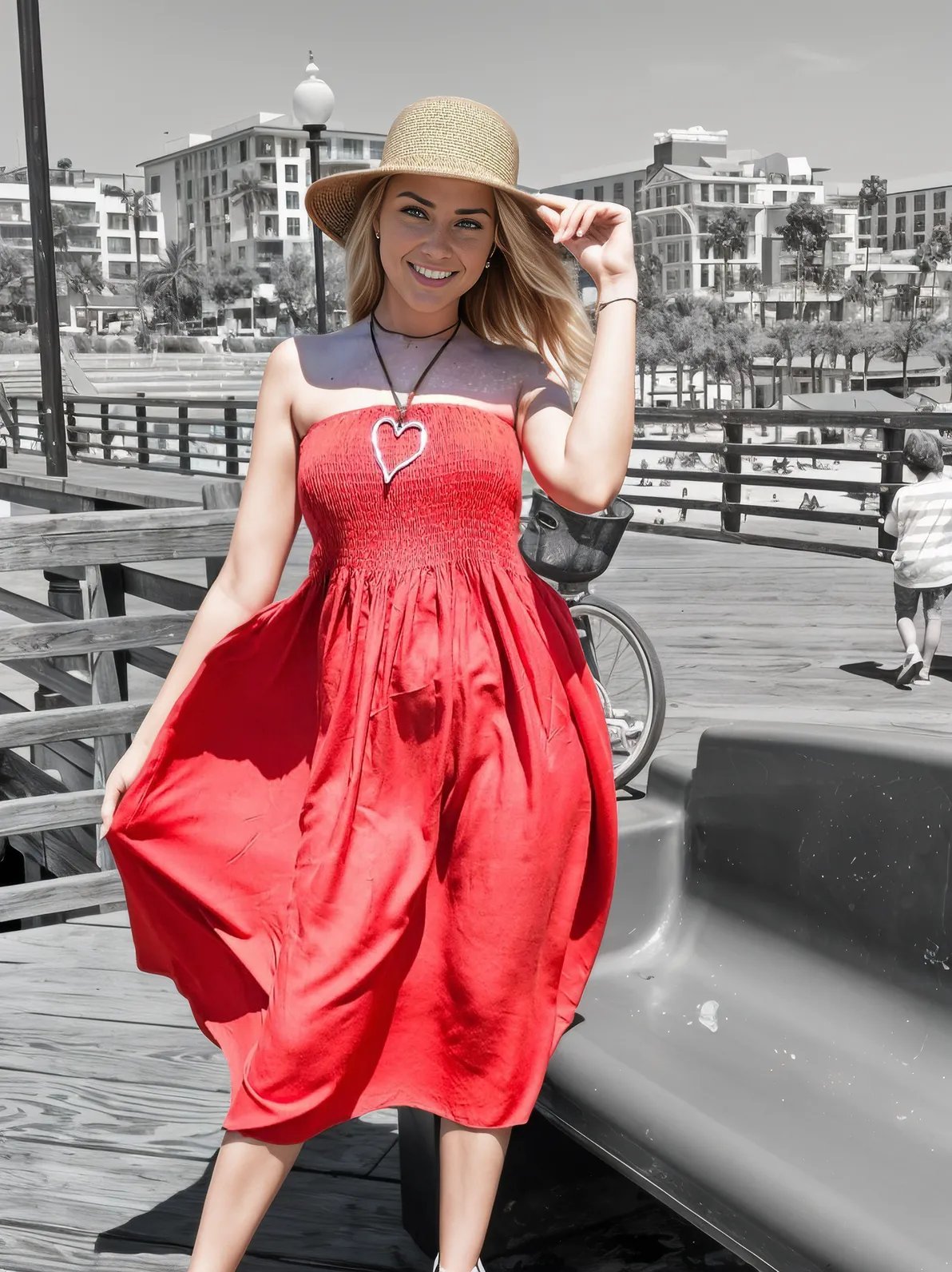 Elegant Strapless Dress with Gathered Bodice & Flowy Red - Tenku Designs