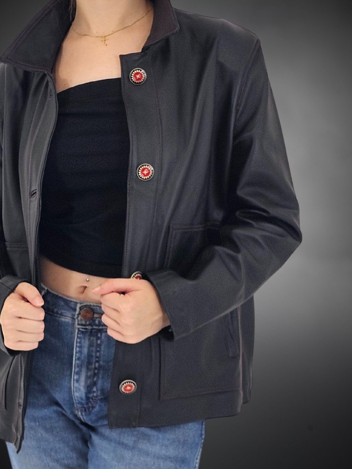 Handcrafted Oversized Sheepskin Leather Trucker Jacket – Stylish & Timeless Red Stitch - Tenku Designs