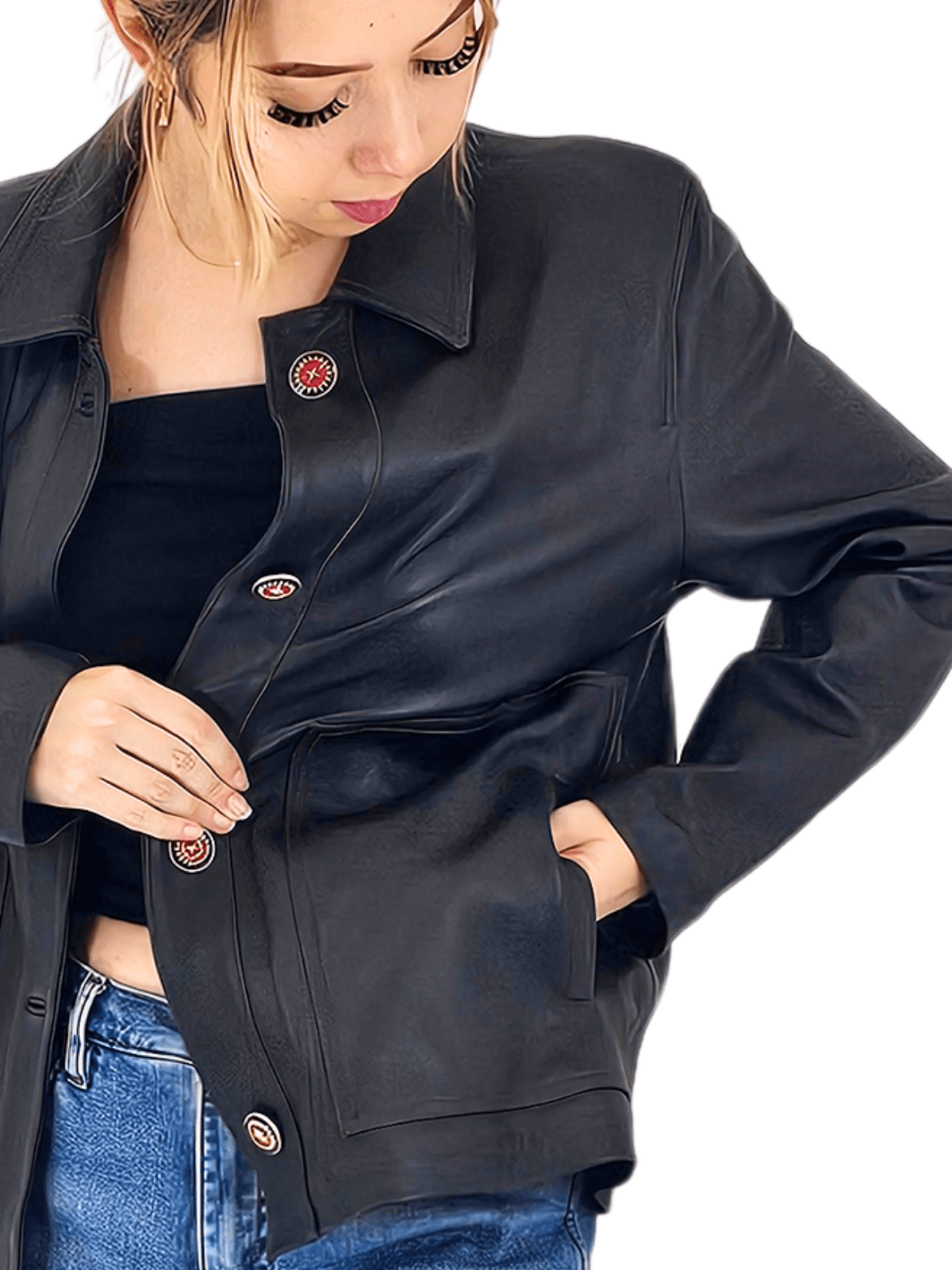 Handcrafted Oversized Sheepskin Leather Trucker Jacket – Stylish & Timeless Red Stitch - Tenku Designs