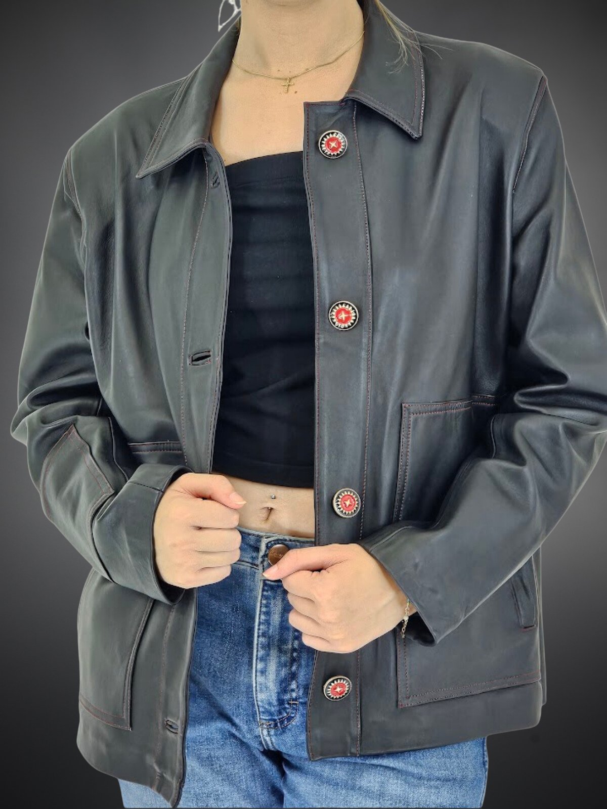 Handcrafted Oversized Sheepskin Leather Trucker Jacket – Stylish & Timeless Red Stitch - Tenku Designs