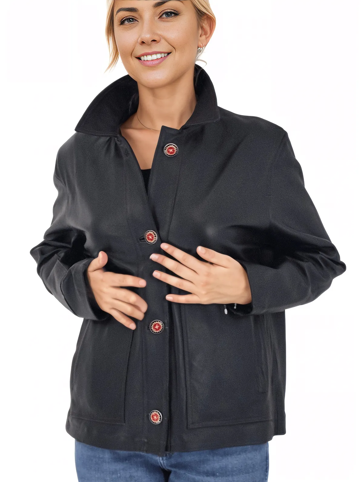 Handcrafted Oversized Sheepskin Leather Trucker Jacket – Stylish & Timeless Red Stitch - Tenku Designs