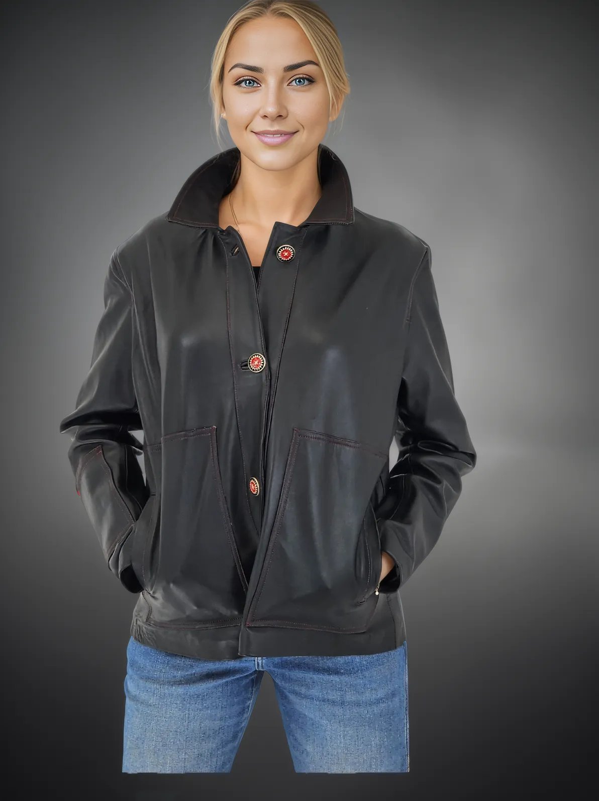 Handcrafted Oversized Sheepskin Leather Trucker Jacket – Stylish & Timeless Red Stitch - Tenku Designs