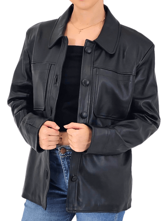 Handcrafted Oversized Women's Sheepskin Leather Jacket – Classic Black, Stylish & Versatile - Tenku Designs