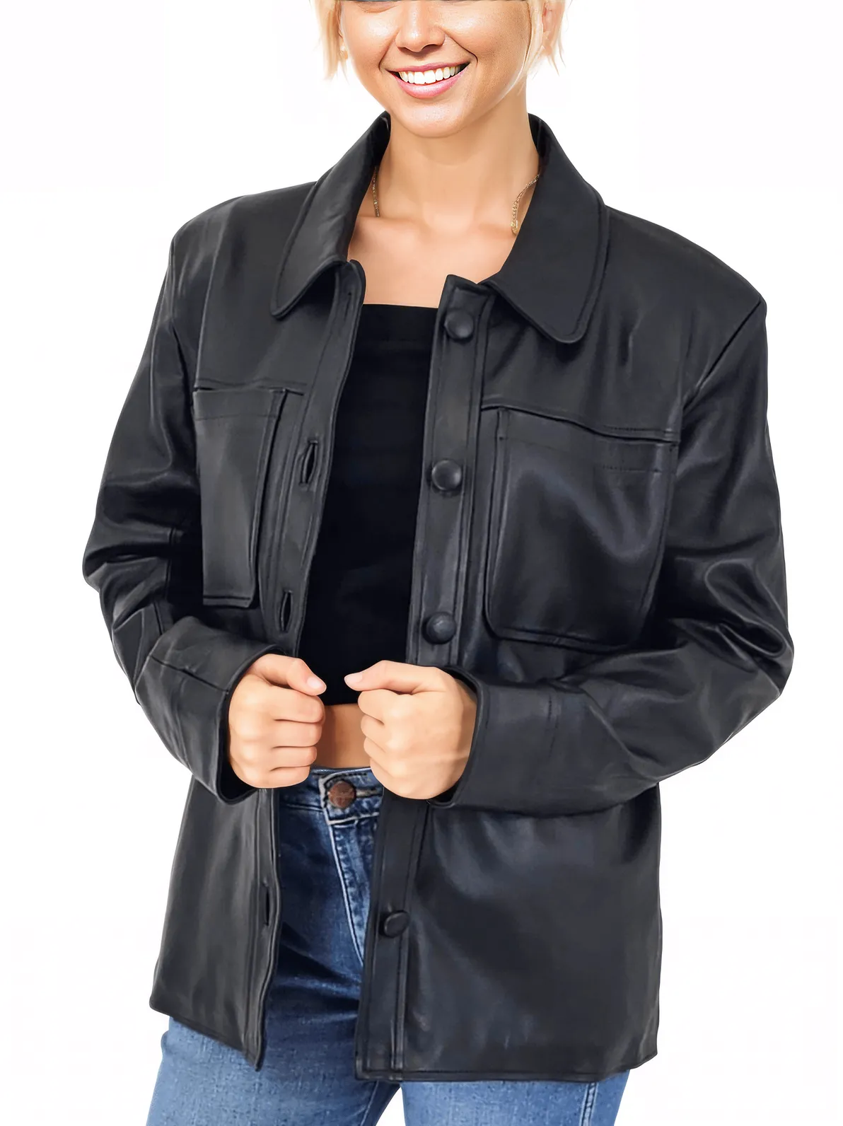 Handcrafted Oversized Women's Sheepskin Leather Jacket – Classic Black, Stylish & Versatile - Tenku Designs