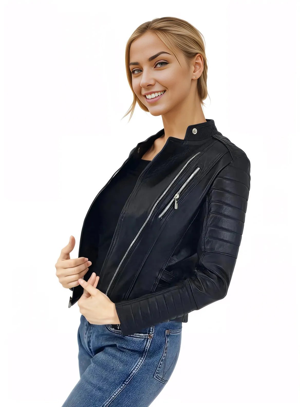 Handcrafted Women's Sheepskin Leather Biker Jacket – Premium Biker Style Black - Tenku Designs