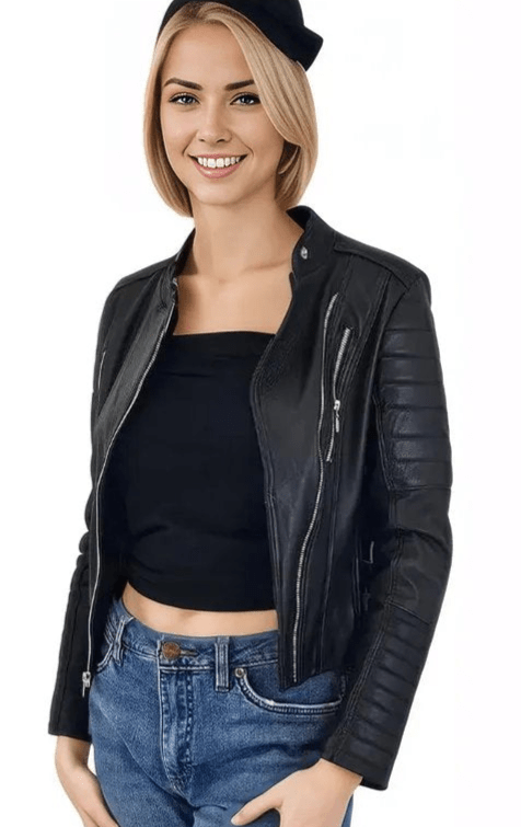 Handcrafted Women's Sheepskin Leather Biker Jacket – Premium Biker Style Black - Tenku Designs