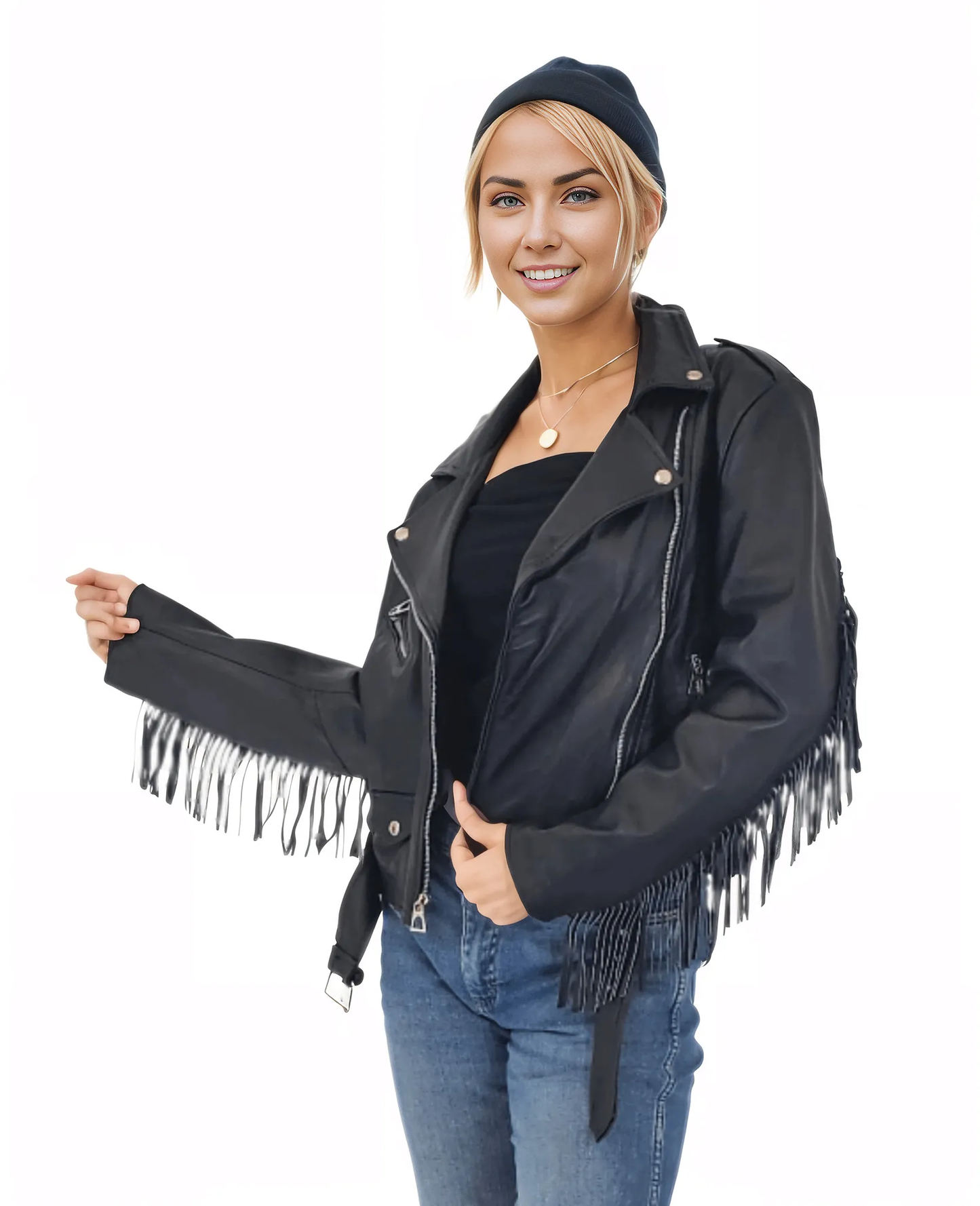 Handcrafted Women's Sheepskin Leather Biker Jacket – Premium Biker Style Black w/Fringes - Tenku Designs