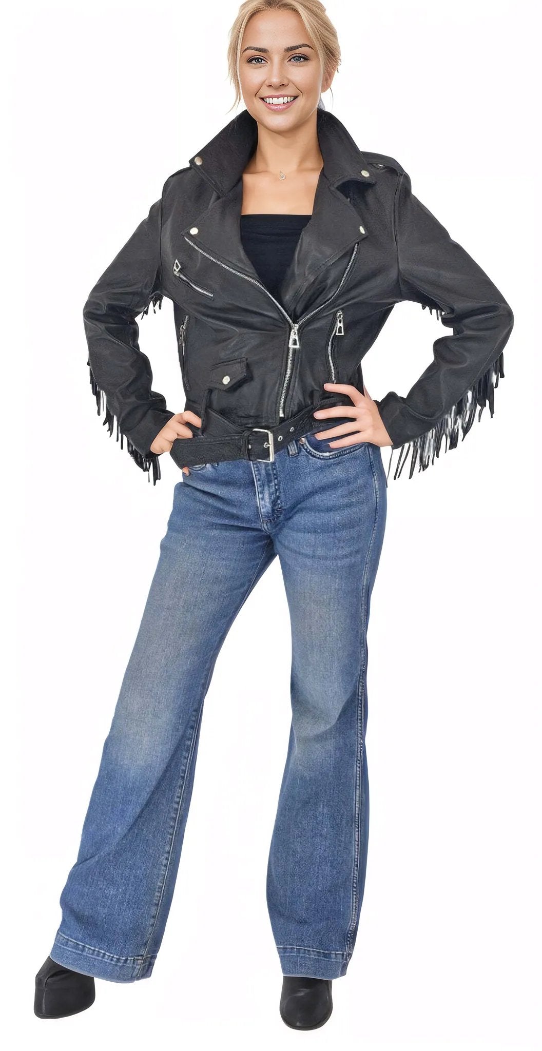 Handcrafted Women's Sheepskin Leather Biker Jacket – Premium Biker Style Black w/Fringes - Tenku Designs