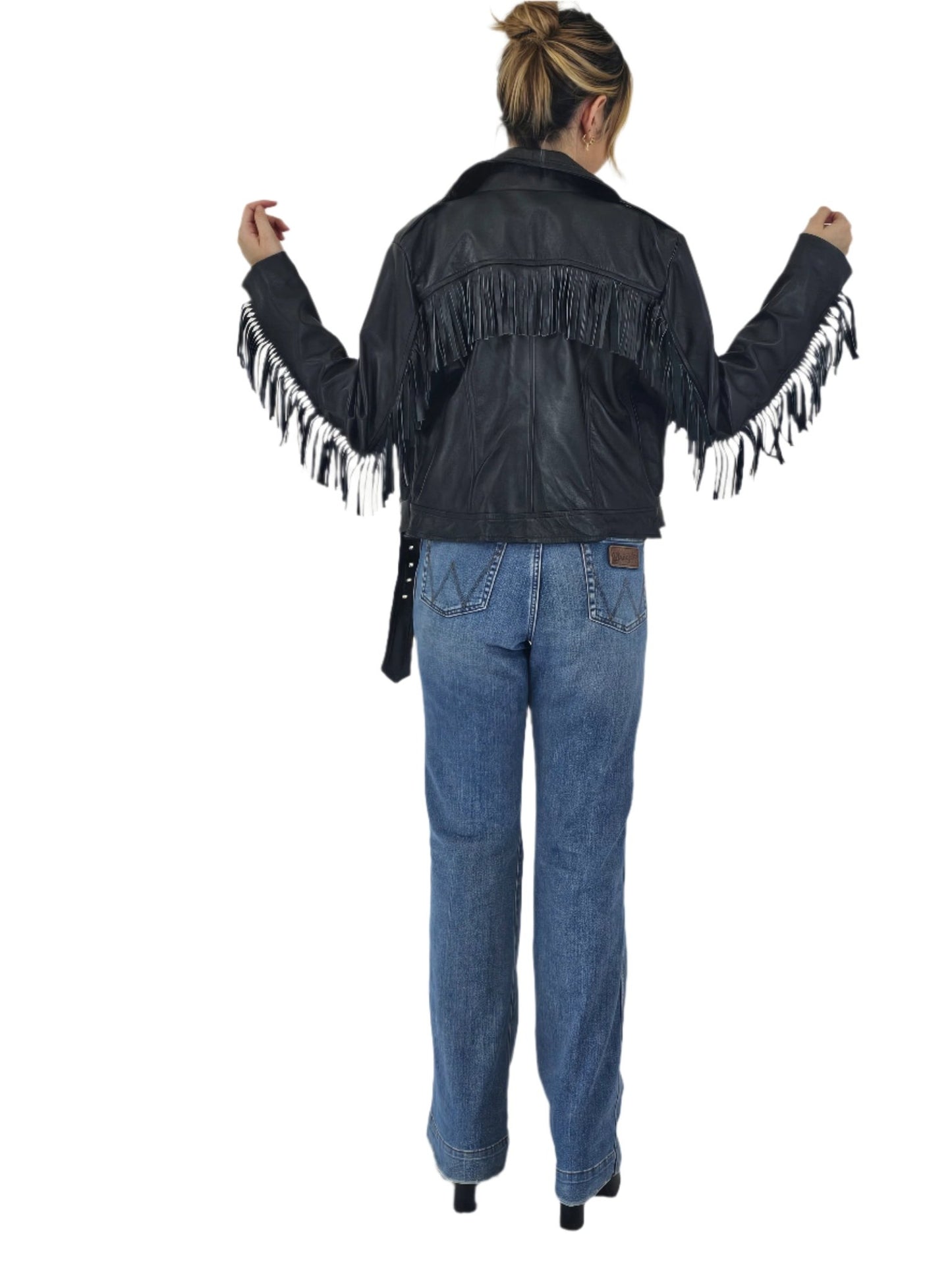 Handcrafted Women's Sheepskin Leather Biker Jacket – Premium Biker Style Black w/Fringes - Tenku Designs