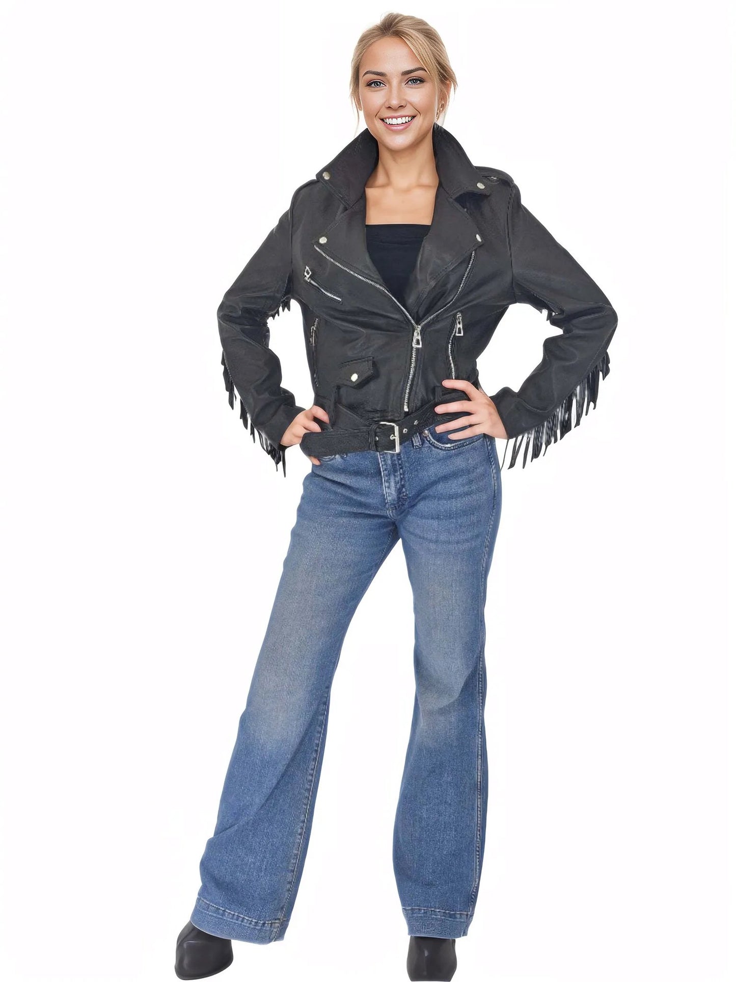 Handcrafted Women's Sheepskin Leather Biker Jacket – Premium Biker Style Black w/Fringes - Tenku Designs