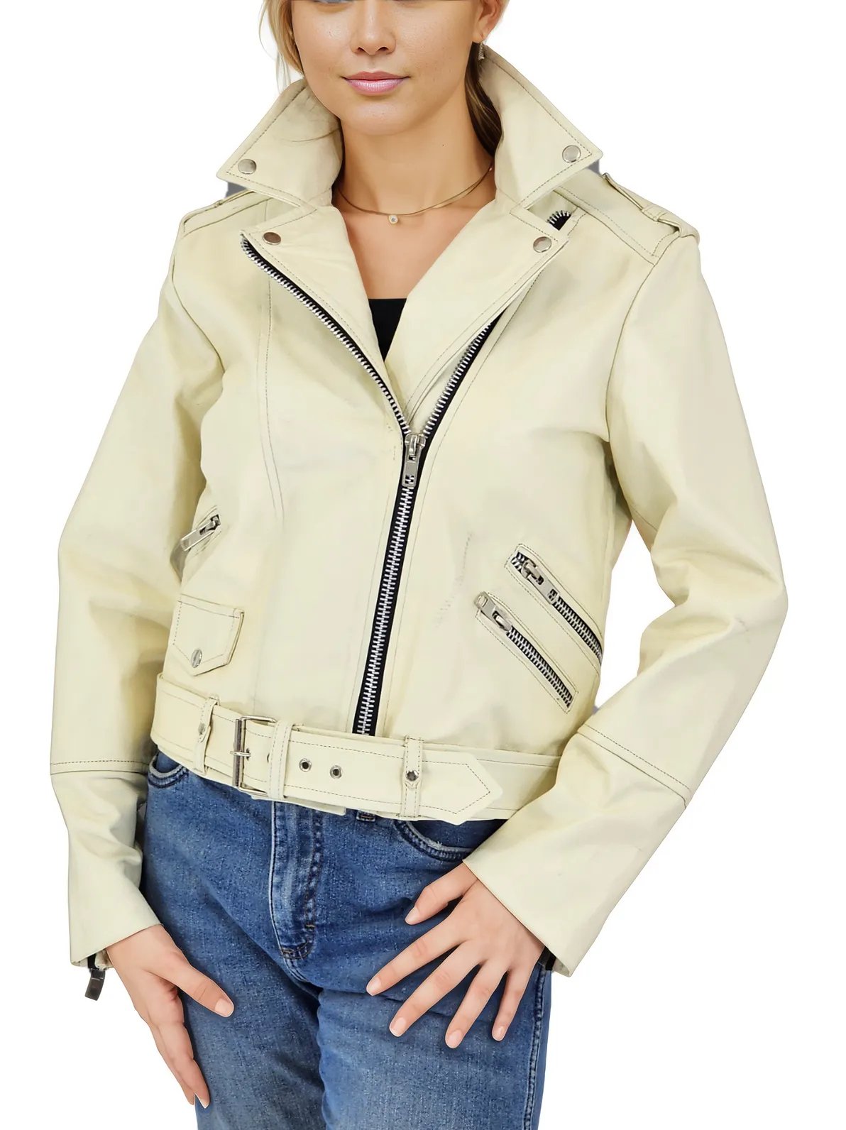 Handcrafted Women's Sheepskin Leather Biker Jacket – Premium Biker Style Bone - Tenku Designs