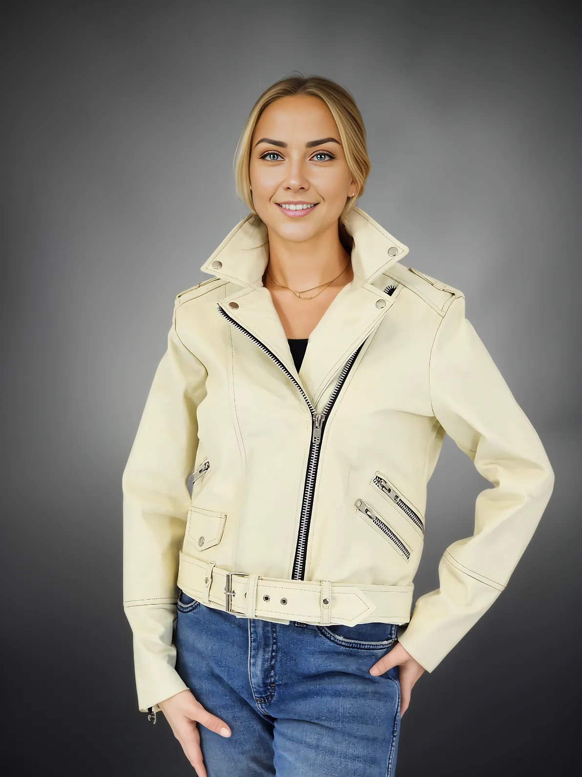 Handcrafted Women's Sheepskin Leather Biker Jacket – Premium Biker Style Bone - Tenku Designs