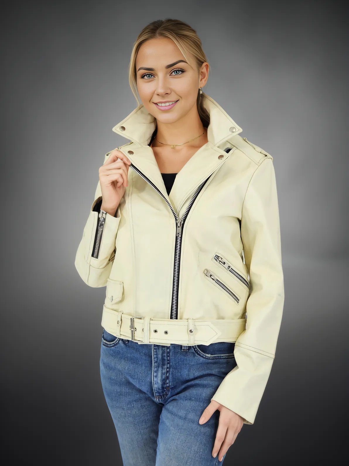 Handcrafted Women's Sheepskin Leather Biker Jacket – Premium Biker Style Bone - Tenku Designs