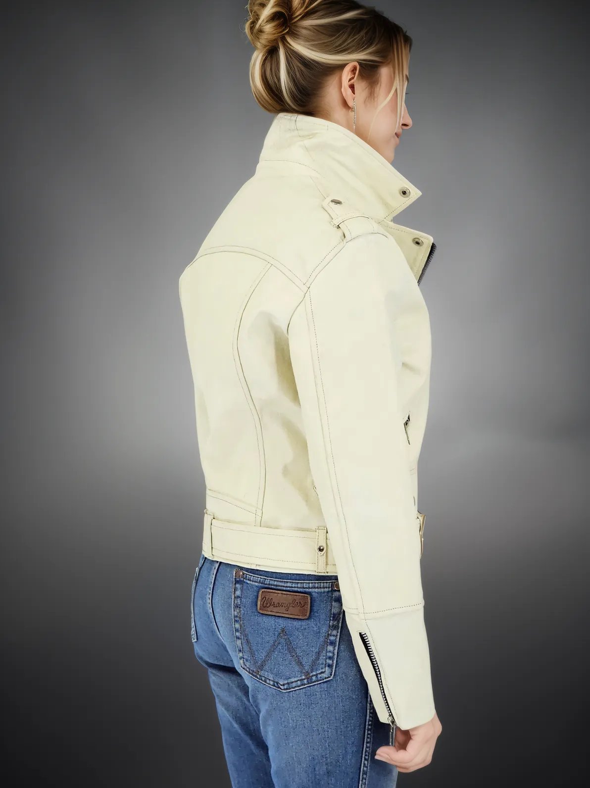 Handcrafted Women's Sheepskin Leather Biker Jacket – Premium Biker Style Bone - Tenku Designs