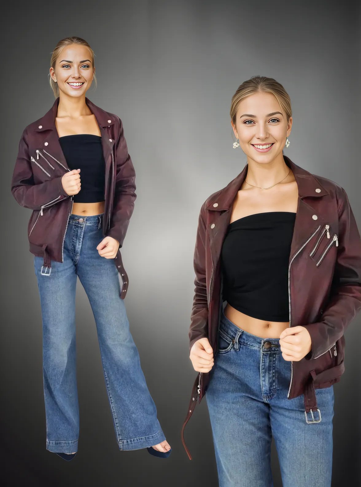 Handcrafted Women's Sheepskin Leather Biker Jacket – Premium Biker Style Burgundy - Tenku Designs