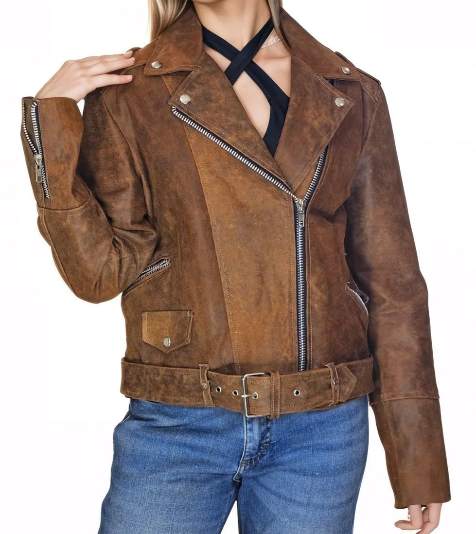 Handcrafted Women's Sheepskin Leather Biker Jacket – Premium Biker Style Crackled Brown - Tenku Designs