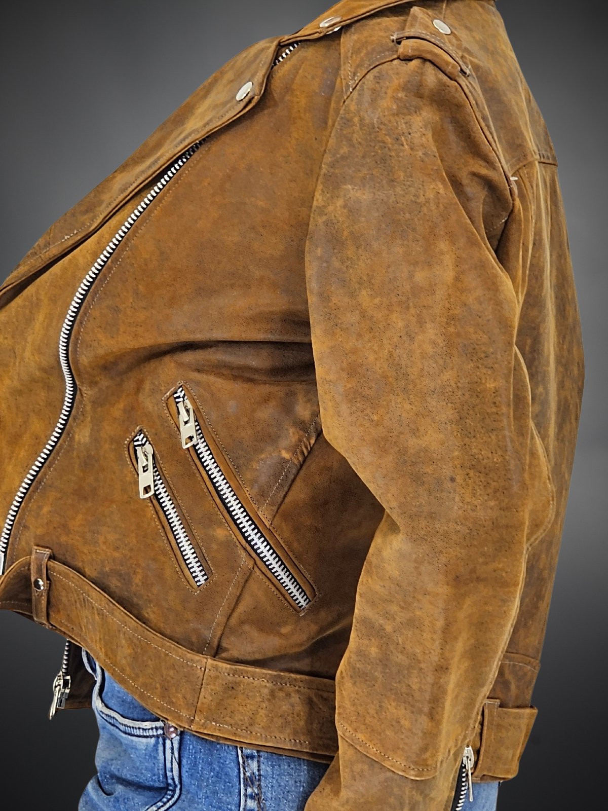 Handcrafted Women's Sheepskin Leather Biker Jacket – Premium Biker Style Crackled Brown - Tenku Designs