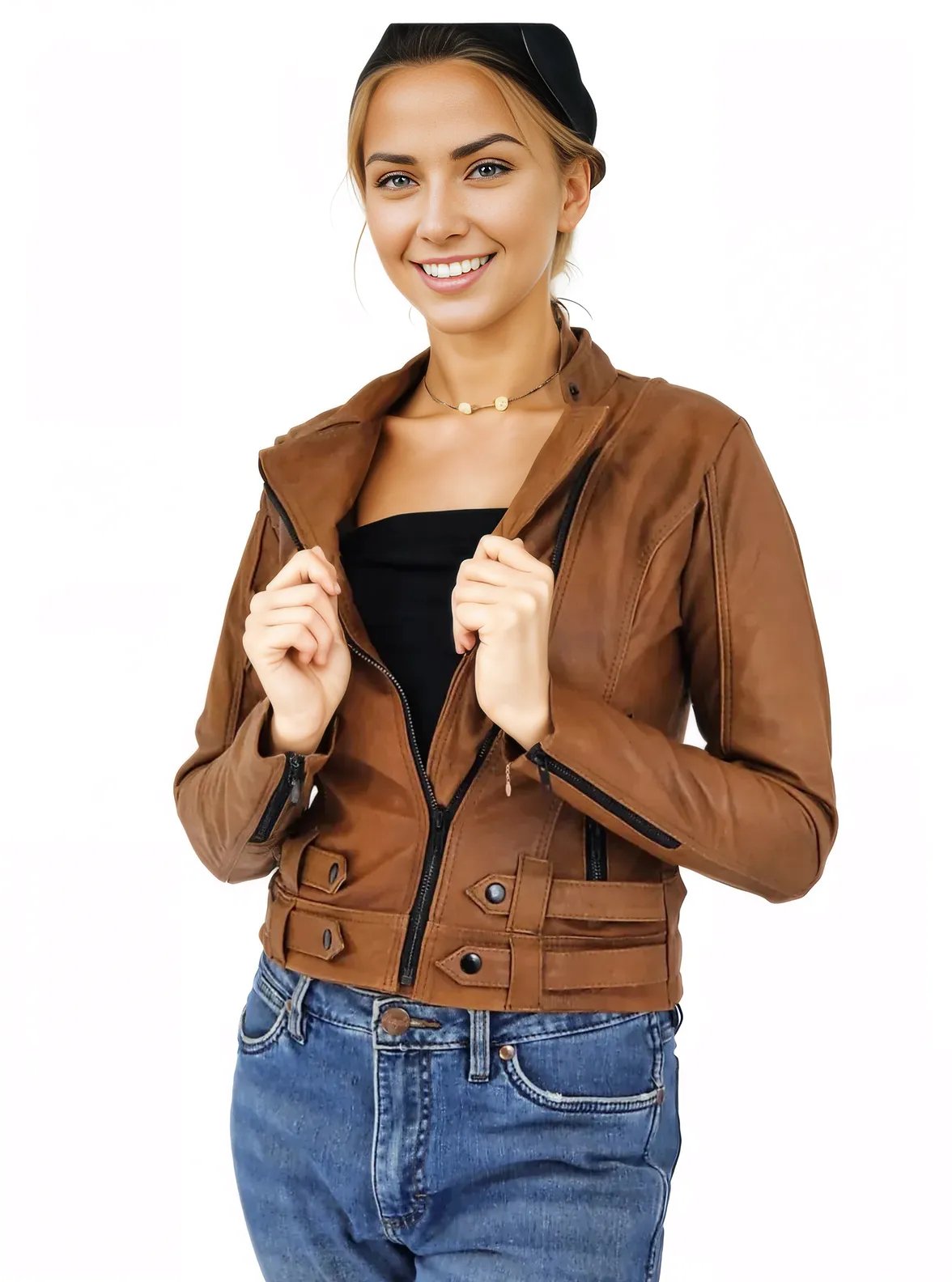 Handcrafted Women's Sheepskin Leather Biker Jacket – Premium Biker Style Honey - Tenku Designs