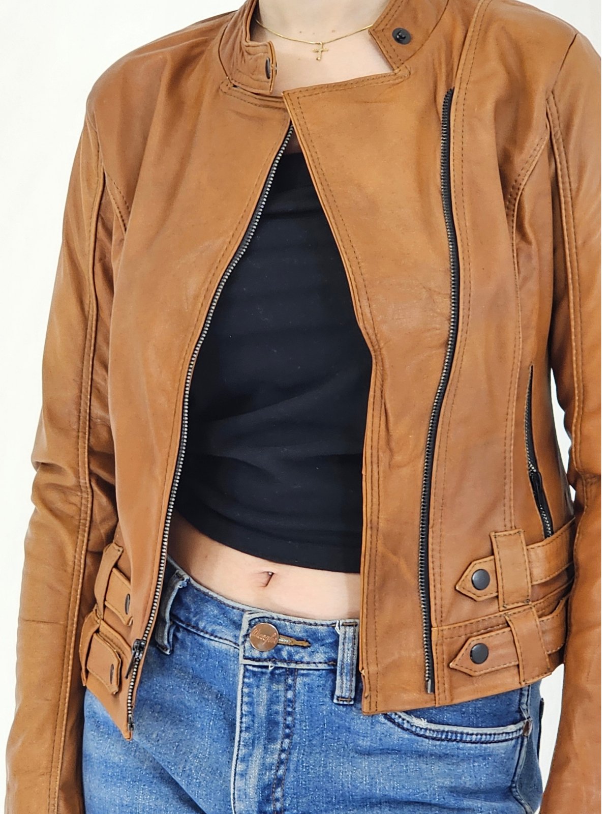 Handcrafted Women's Sheepskin Leather Biker Jacket – Premium Biker Style Honey - Tenku Designs