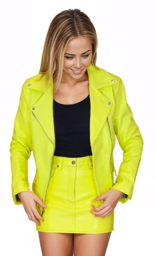 Handcrafted Women's Sheepskin Leather Biker Jacket – Premium Biker Style Lime Green - Tenku Designs
