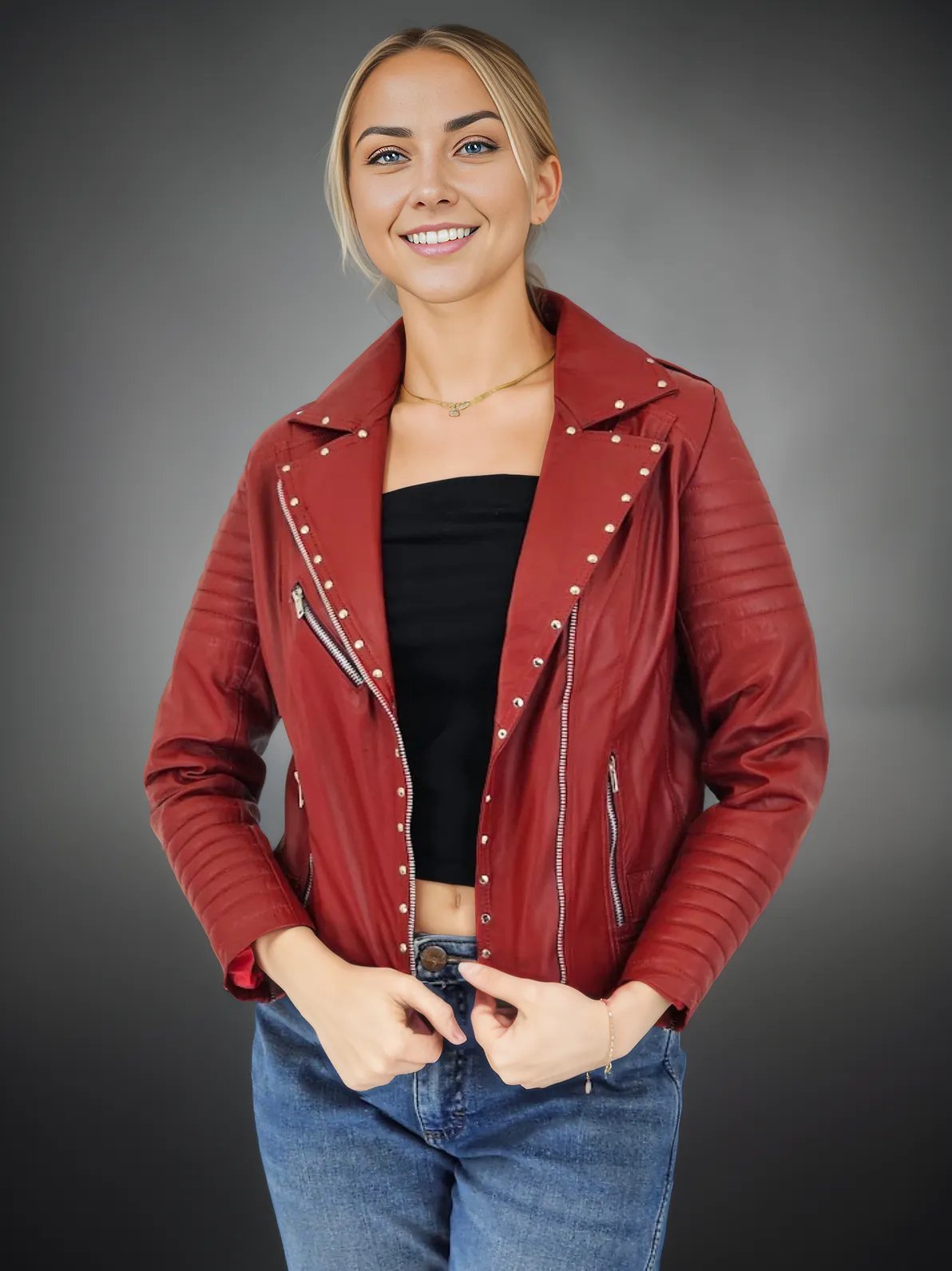 Handcrafted Women's Sheepskin Leather Biker Jacket – Premium Biker Style Red - Tenku Designs
