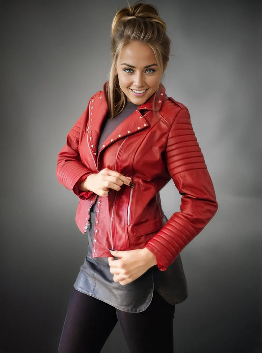 Handcrafted Women's Sheepskin Leather Biker Jacket – Premium Biker Style Red - Tenku Designs