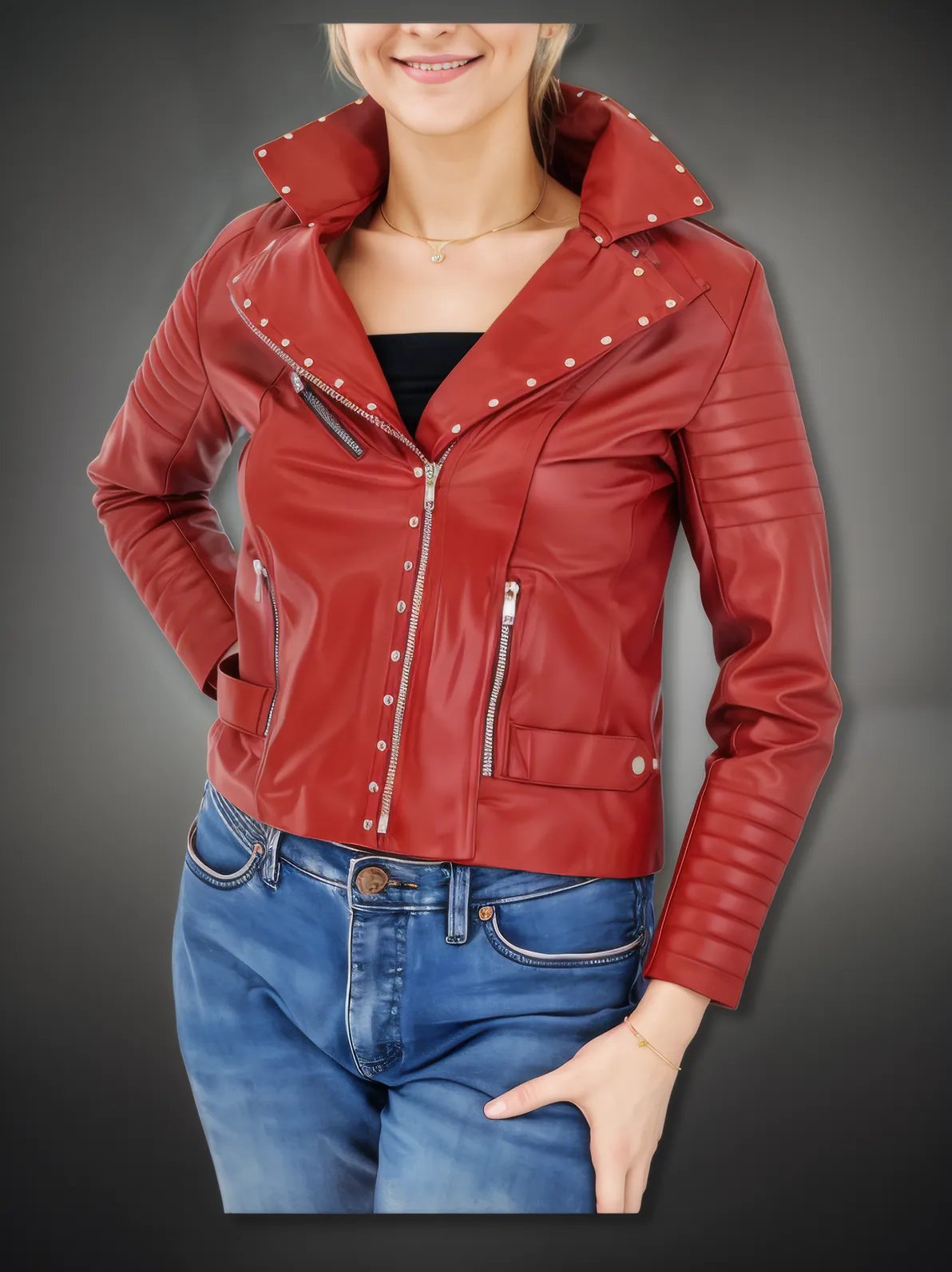 Handcrafted Women's Sheepskin Leather Biker Jacket – Premium Biker Style Red - Tenku Designs