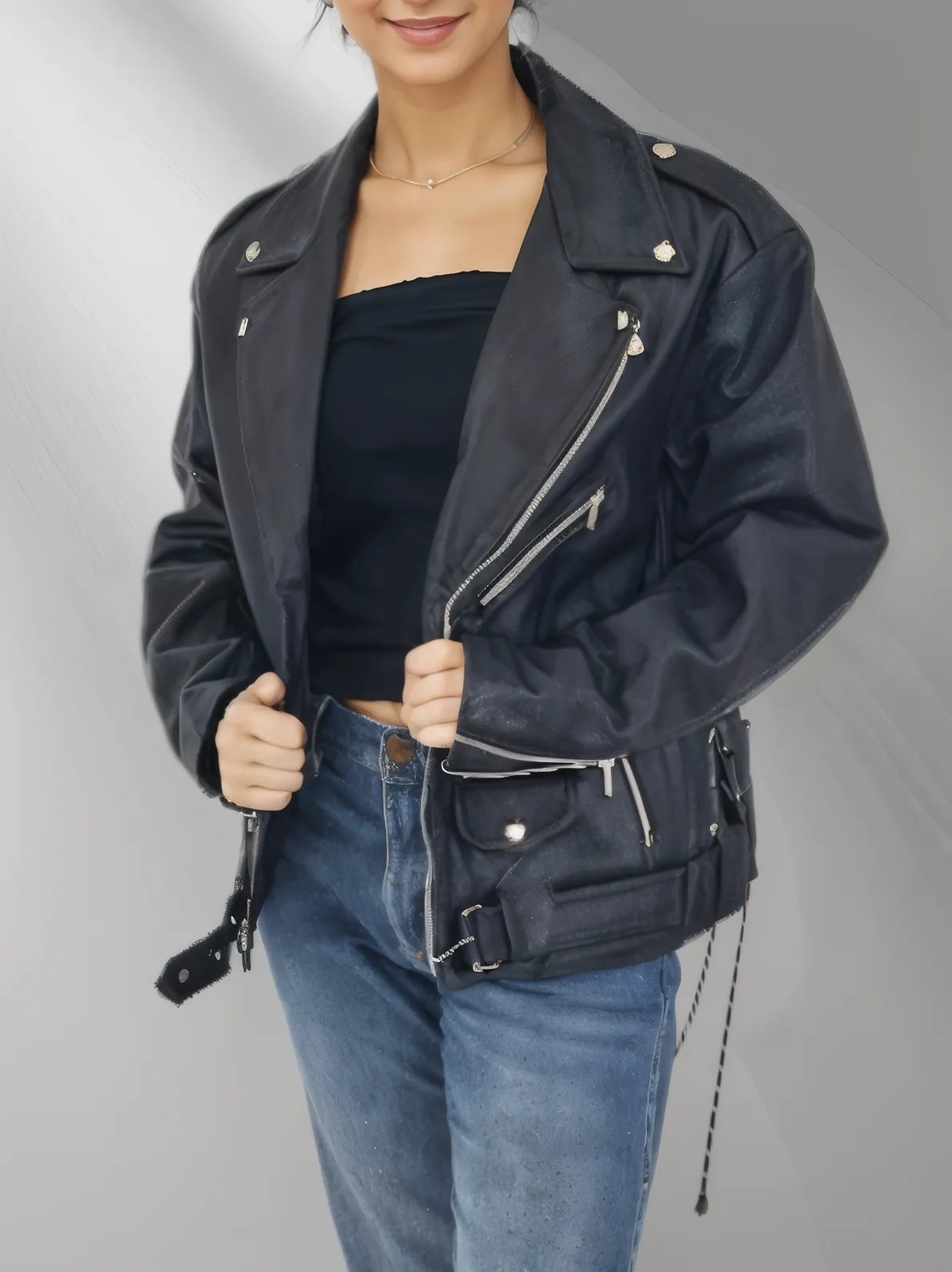 Handcrafted Women's Sheepskin Leather Biker Jacket – Premium Style Black - Tenku Designs