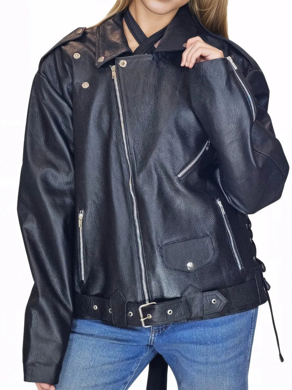 Handcrafted Women's Sheepskin Leather Biker Jacket – Premium Style Black - Tenku Designs