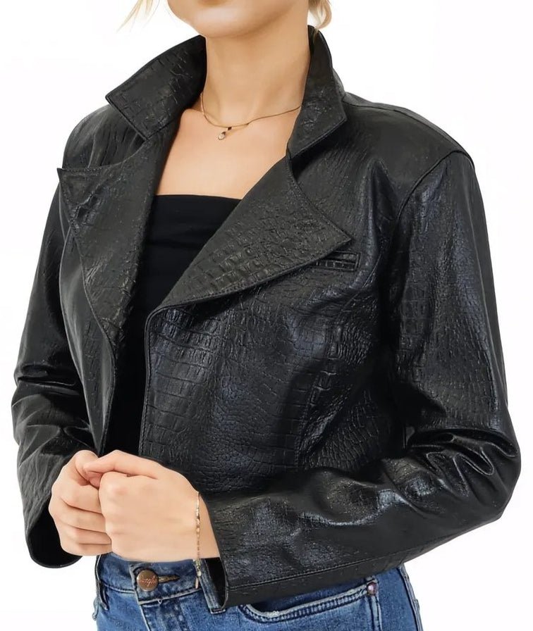 Handcrafted Women's Sheepskin Leather Jacket – Cropped Black Crocodile - Tenku Designs