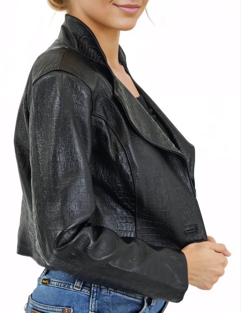 Handcrafted Women's Sheepskin Leather Jacket – Cropped Black Crocodile - Tenku Designs