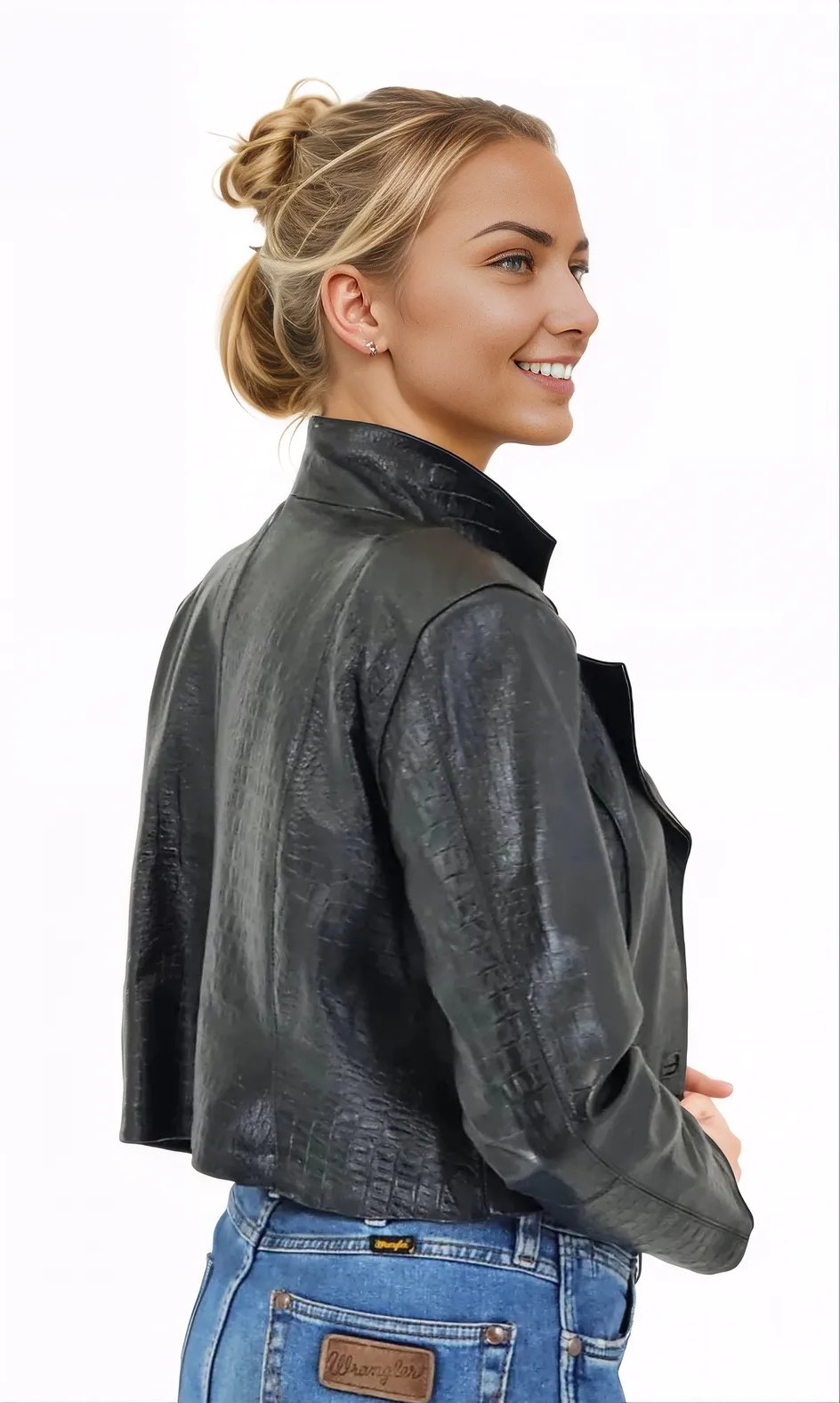 Handcrafted Women's Sheepskin Leather Jacket – Cropped Black Crocodile - Tenku Designs