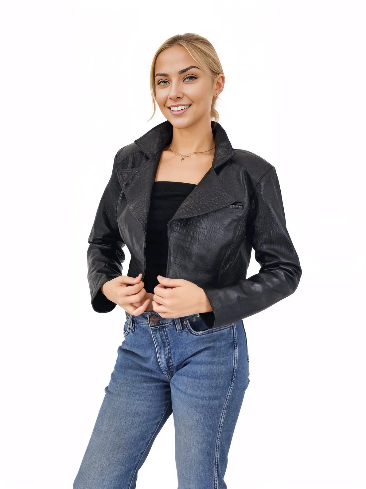 Handcrafted Women's Sheepskin Leather Jacket – Cropped Black Crocodile - Tenku Designs