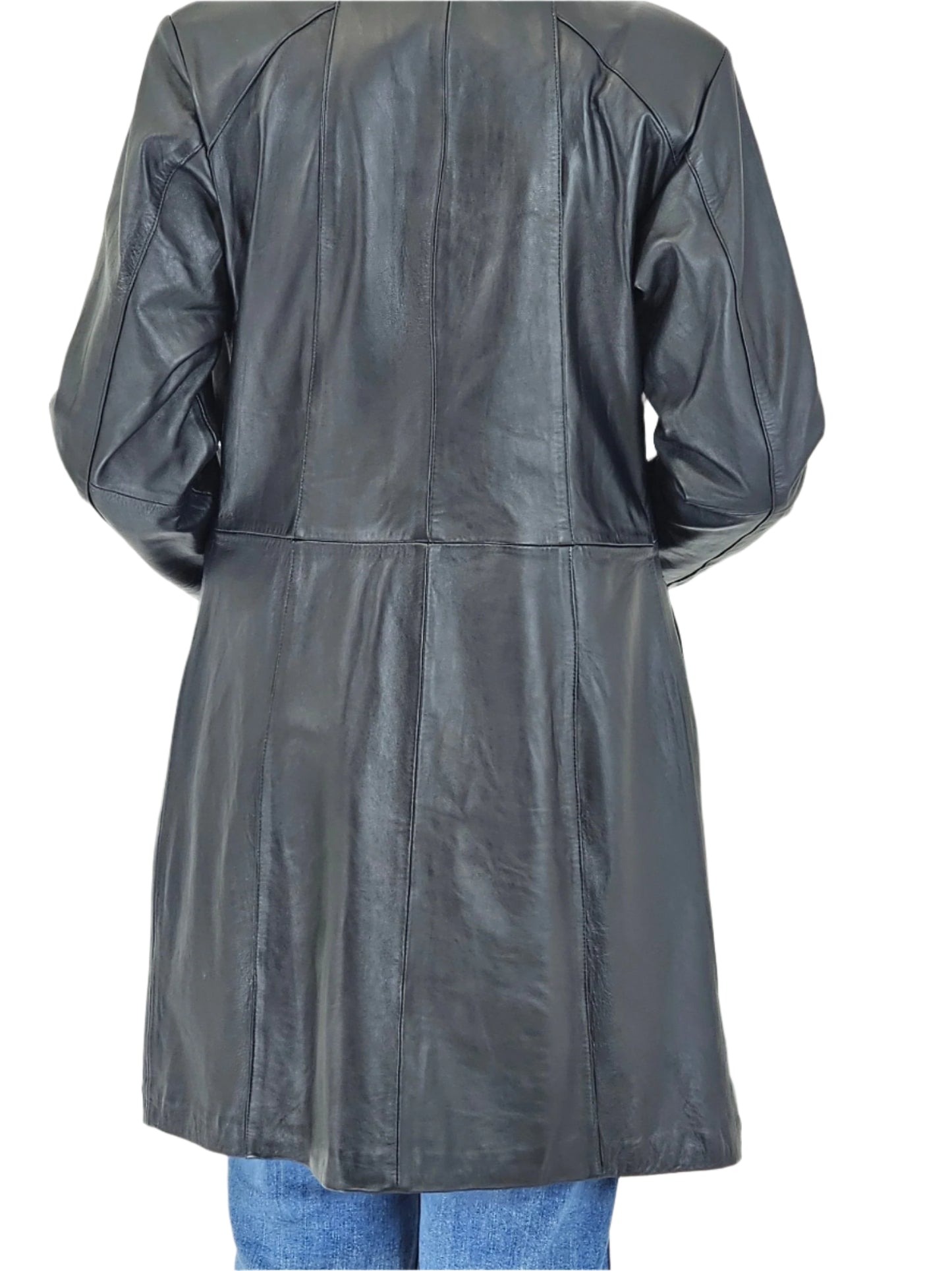 Handcrafted Women's Sheepskin Leather Jacket – Elegant Longline Coat Navy Blue - Tenku Designs