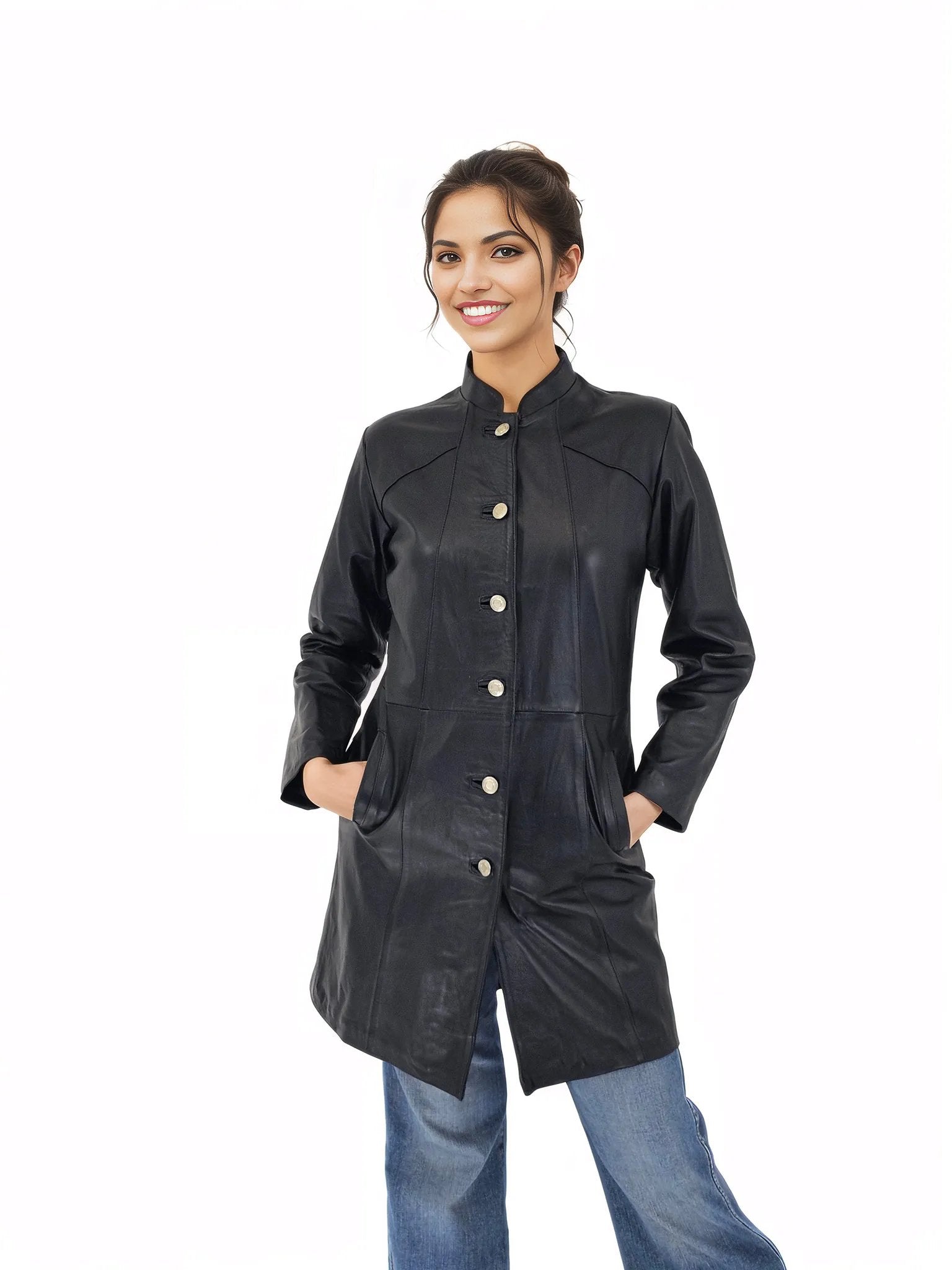 Handcrafted Women's Sheepskin Leather Jacket – Elegant Longline Coat Navy Blue - Tenku Designs