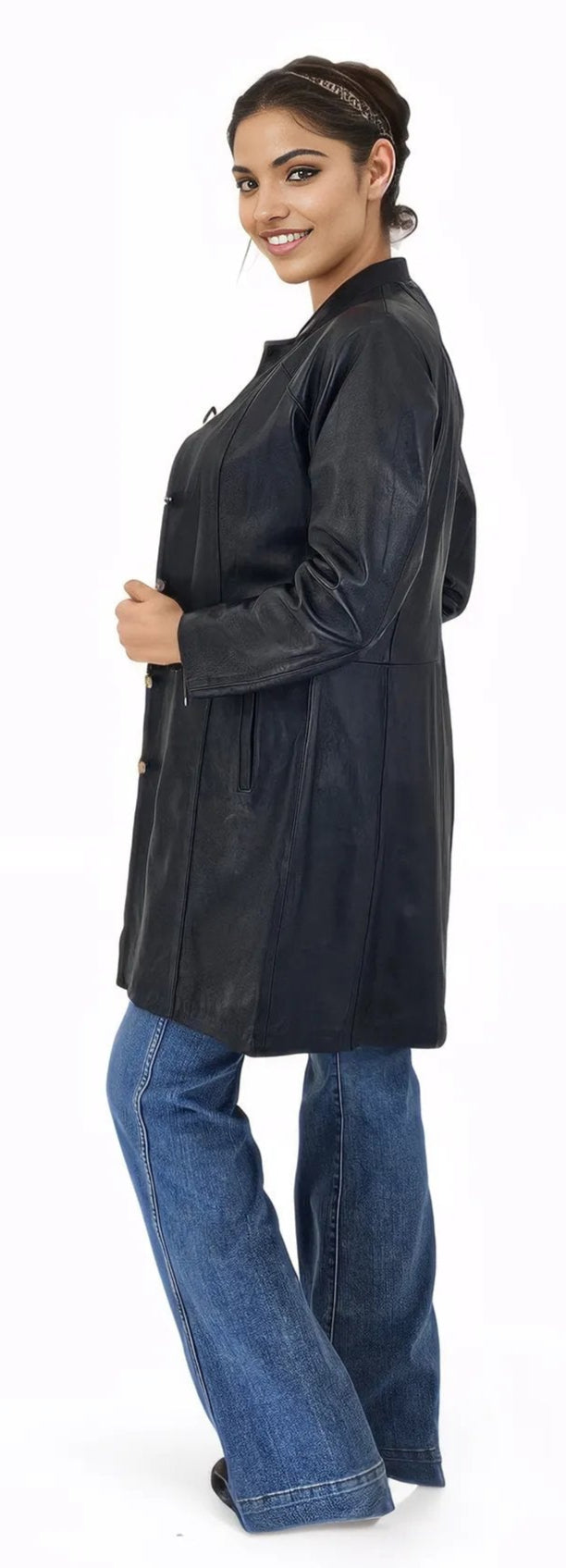 Handcrafted Women's Sheepskin Leather Jacket – Elegant Longline Coat Navy Blue - Tenku Designs