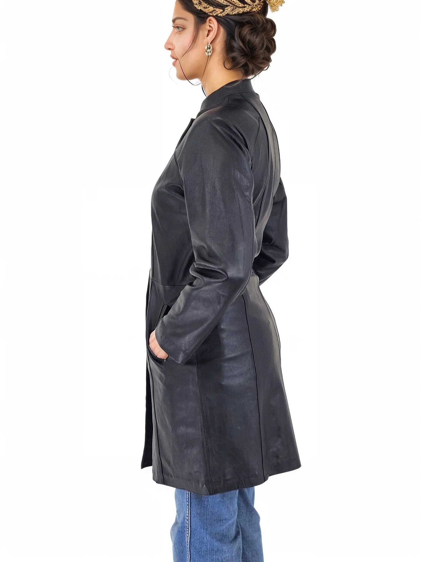 Handcrafted Women's Sheepskin Leather Jacket – Elegant Longline Coat Navy Blue - Tenku Designs