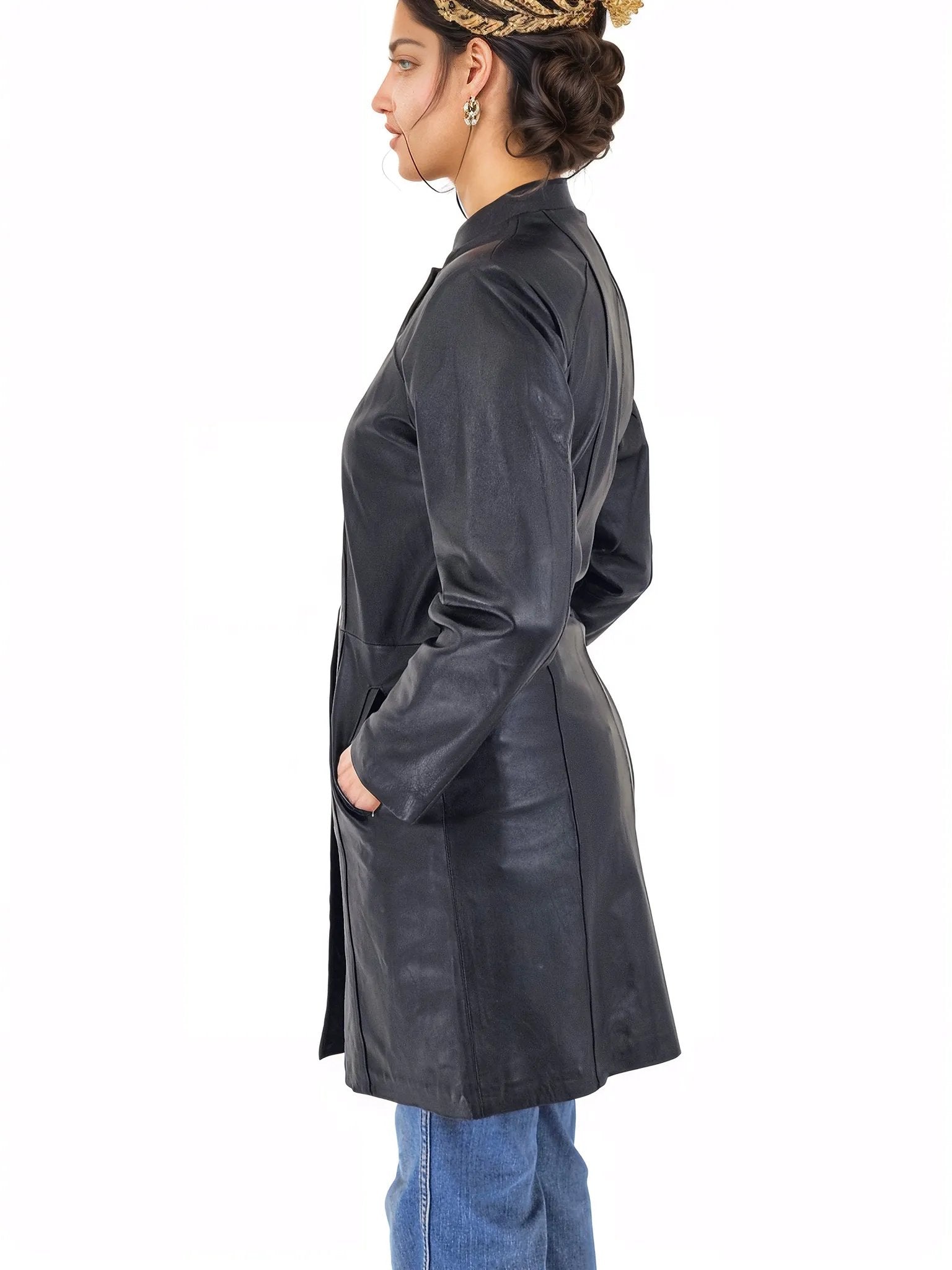 Handcrafted Women's Sheepskin Leather Jacket – Elegant Longline Coat Navy Blue - Tenku Designs