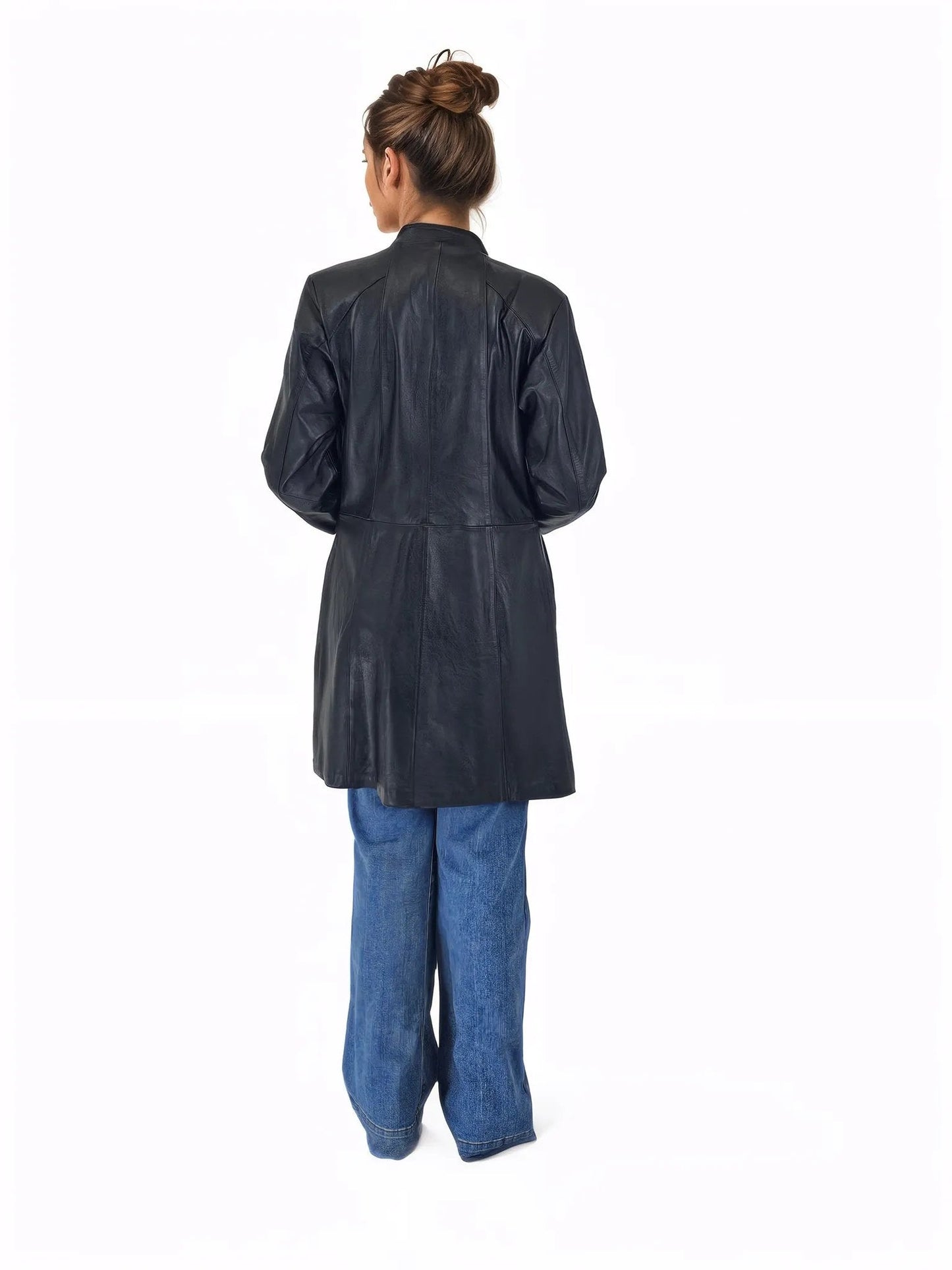 Handcrafted Women's Sheepskin Leather Jacket – Elegant Longline Coat Navy Blue - Tenku Designs