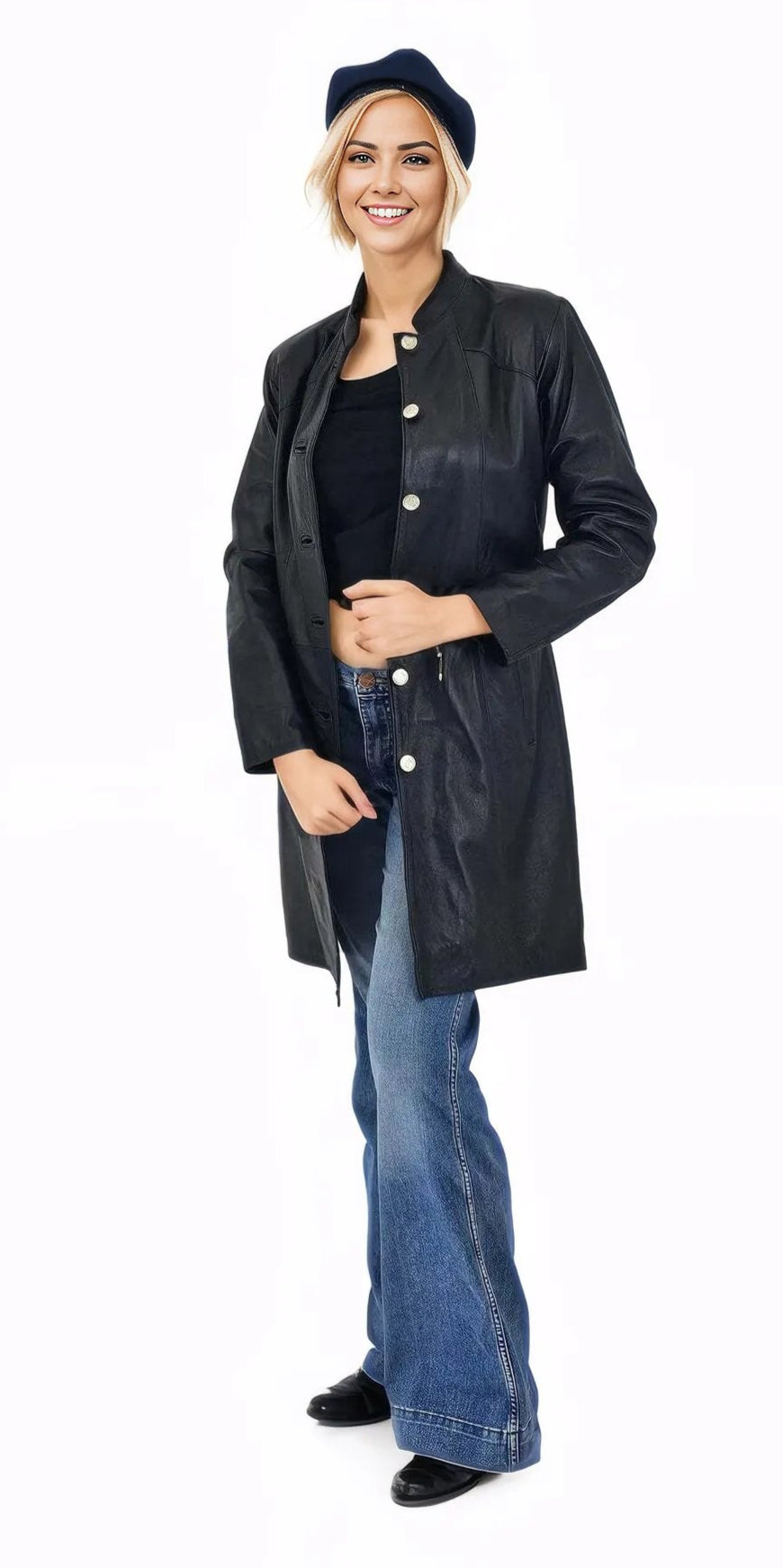Handcrafted Women's Sheepskin Leather Jacket – Elegant Longline Coat Navy Blue - Tenku Designs