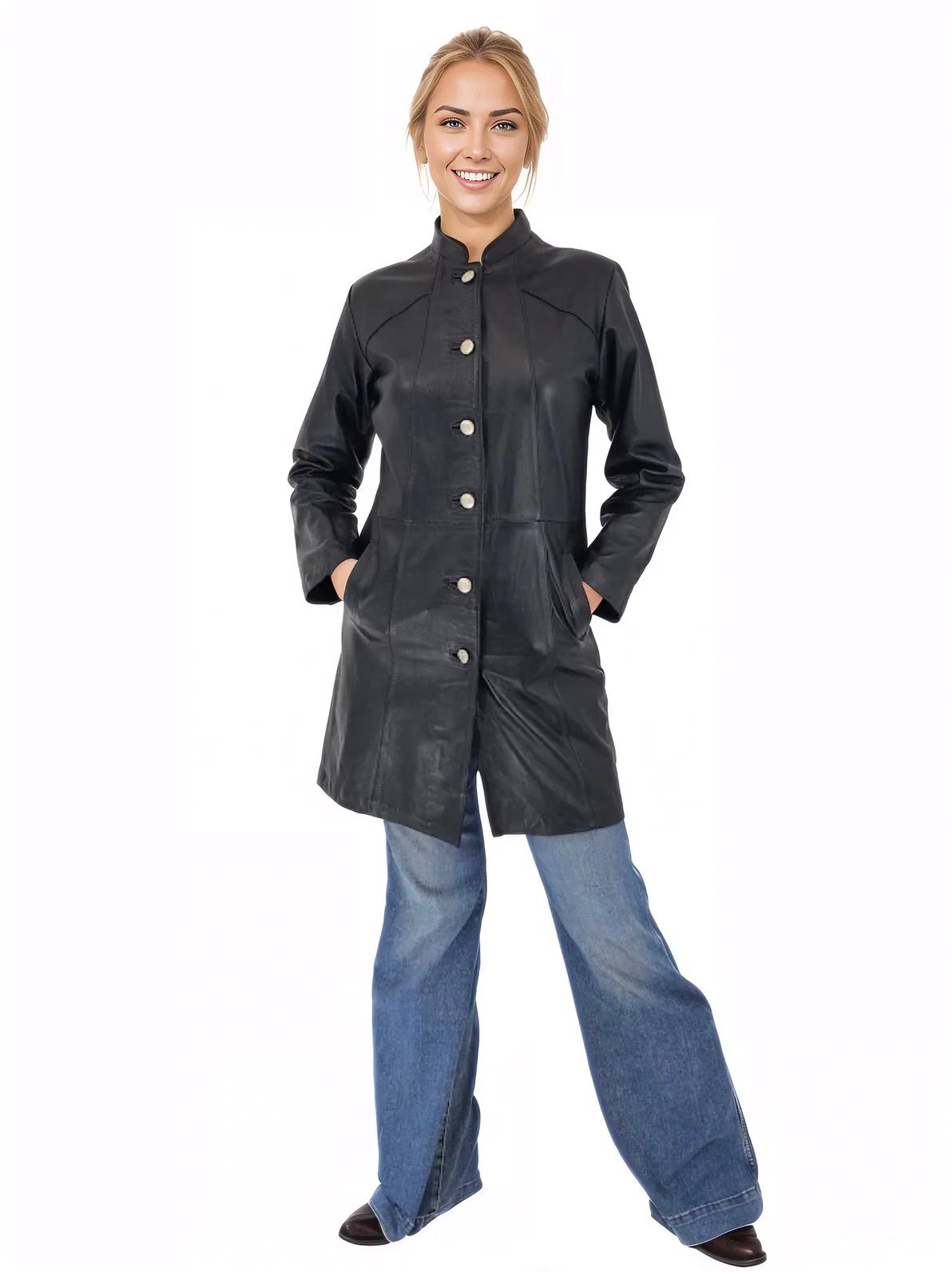 Handcrafted Women's Sheepskin Leather Jacket – Elegant Longline Coat Navy Blue - Tenku Designs