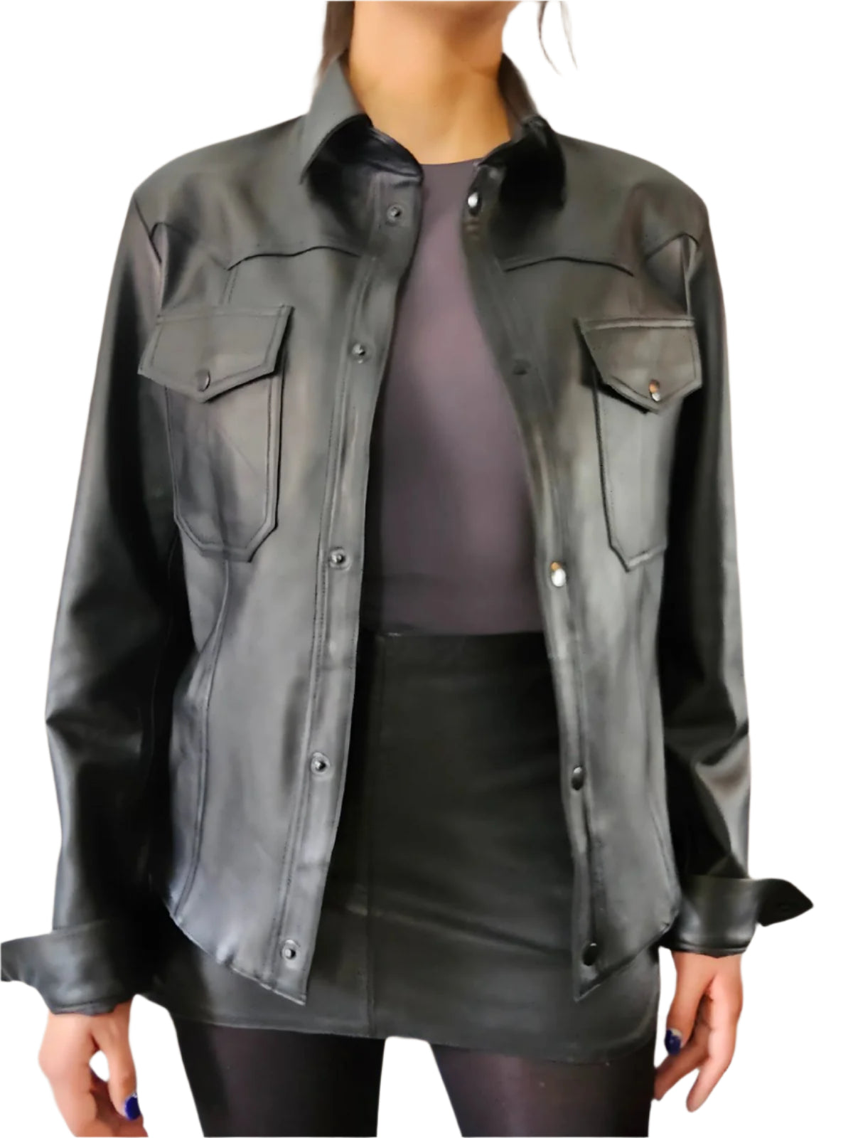 Handcrafted Women's Sheepskin Leather Shirt – Western - Style Black Button - Up - Tenku Designs