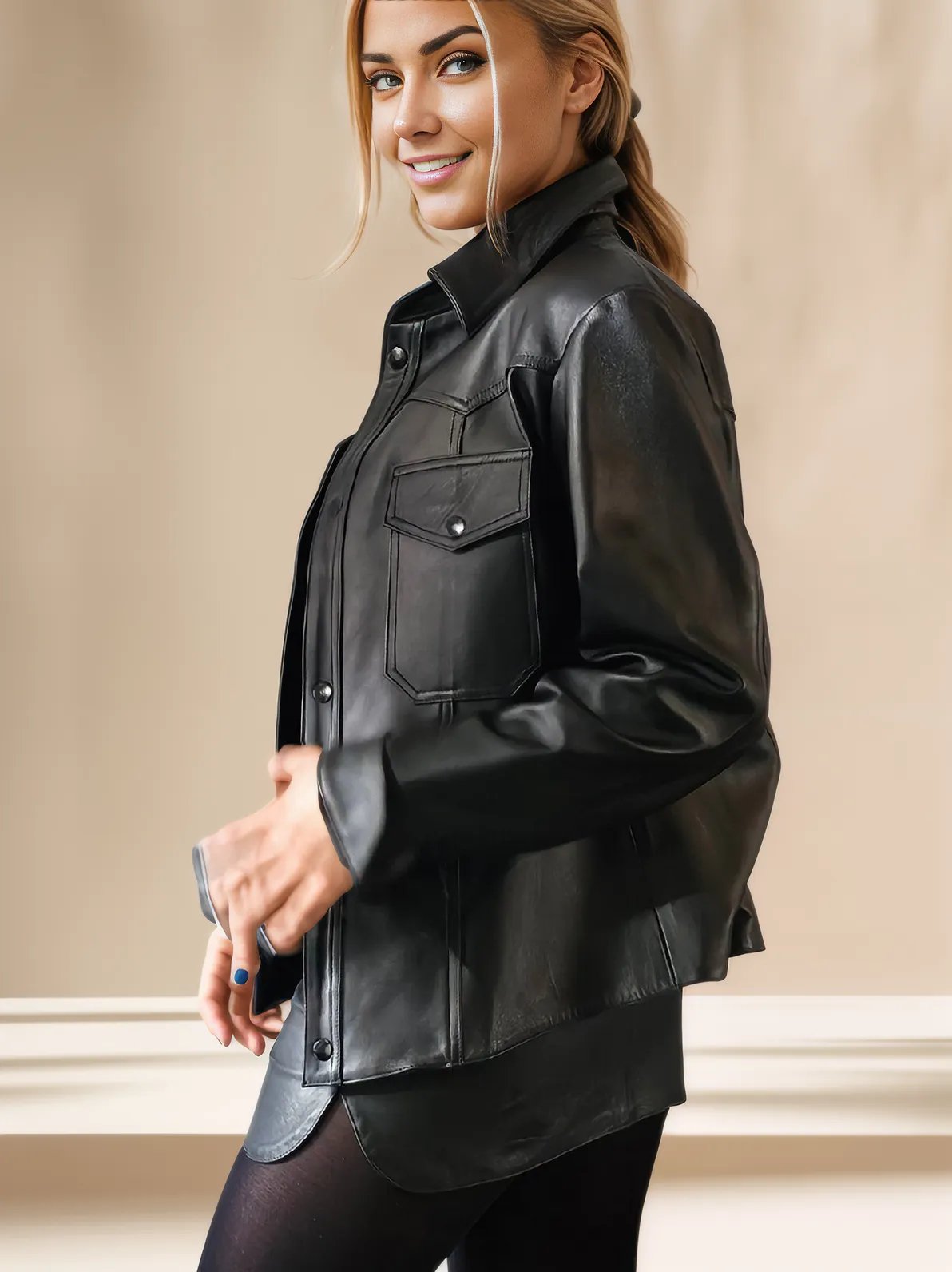 Handcrafted Women's Sheepskin Leather Shirt – Western - Style Black Button - Up - Tenku Designs